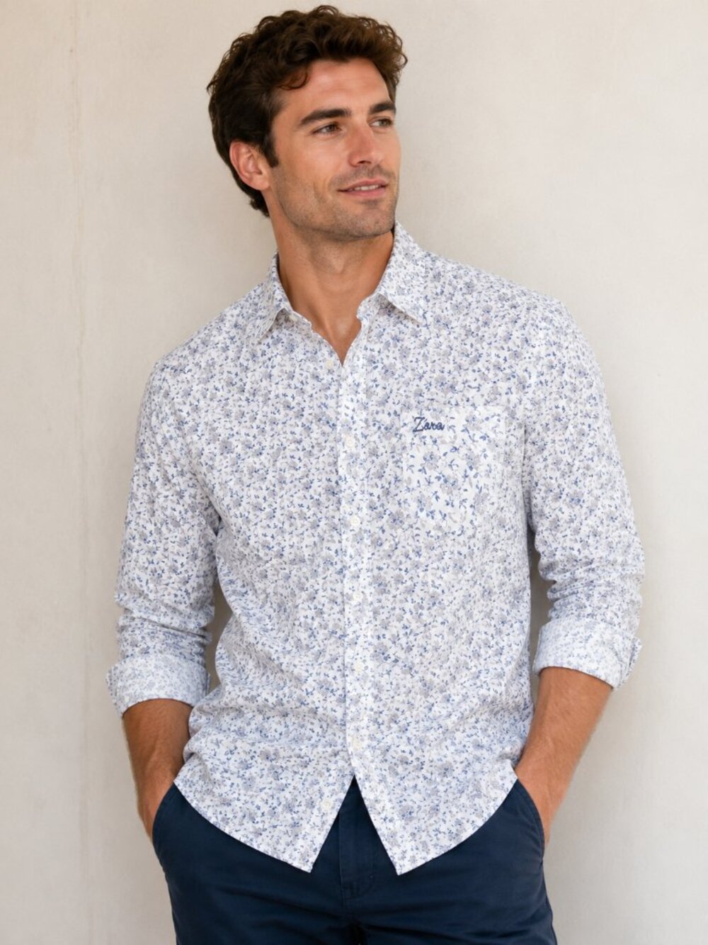 Zara Relaxed Fit Floral Button Up Shirt XL White Blue Long Sleeve Cotton